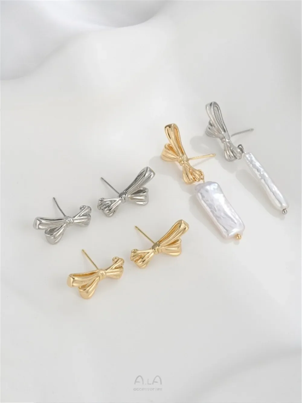 14K Gold Bow with Rings Earrings 925 Silver Needle Diy Hand-hung Pearl Ear Jewelry Accessories E366