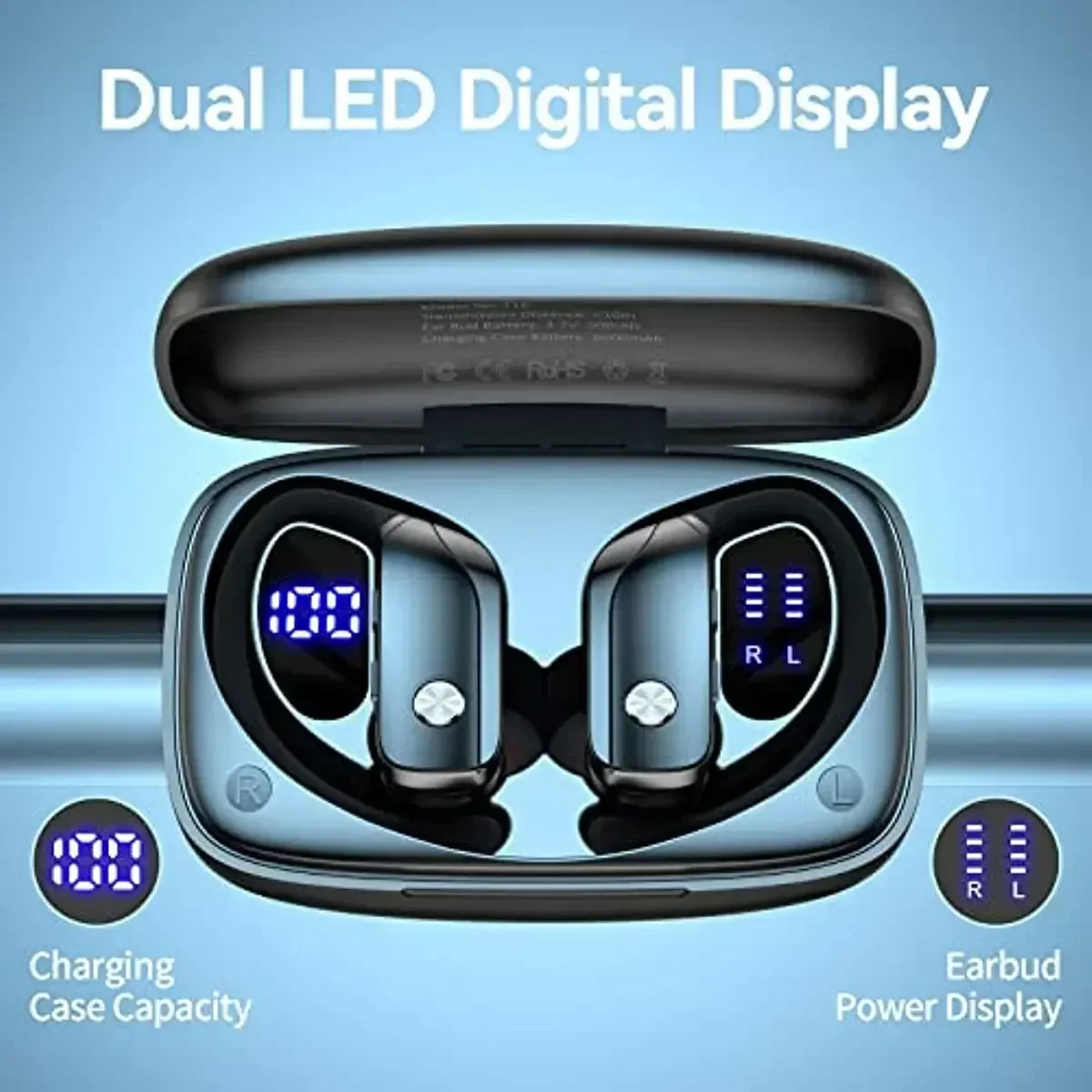 Headphones with LED Display Over-Ear Buds with Earhooks Wireless Earbuds Bluetooth Built-in Mic 48hrs Play Back Sport Earphones