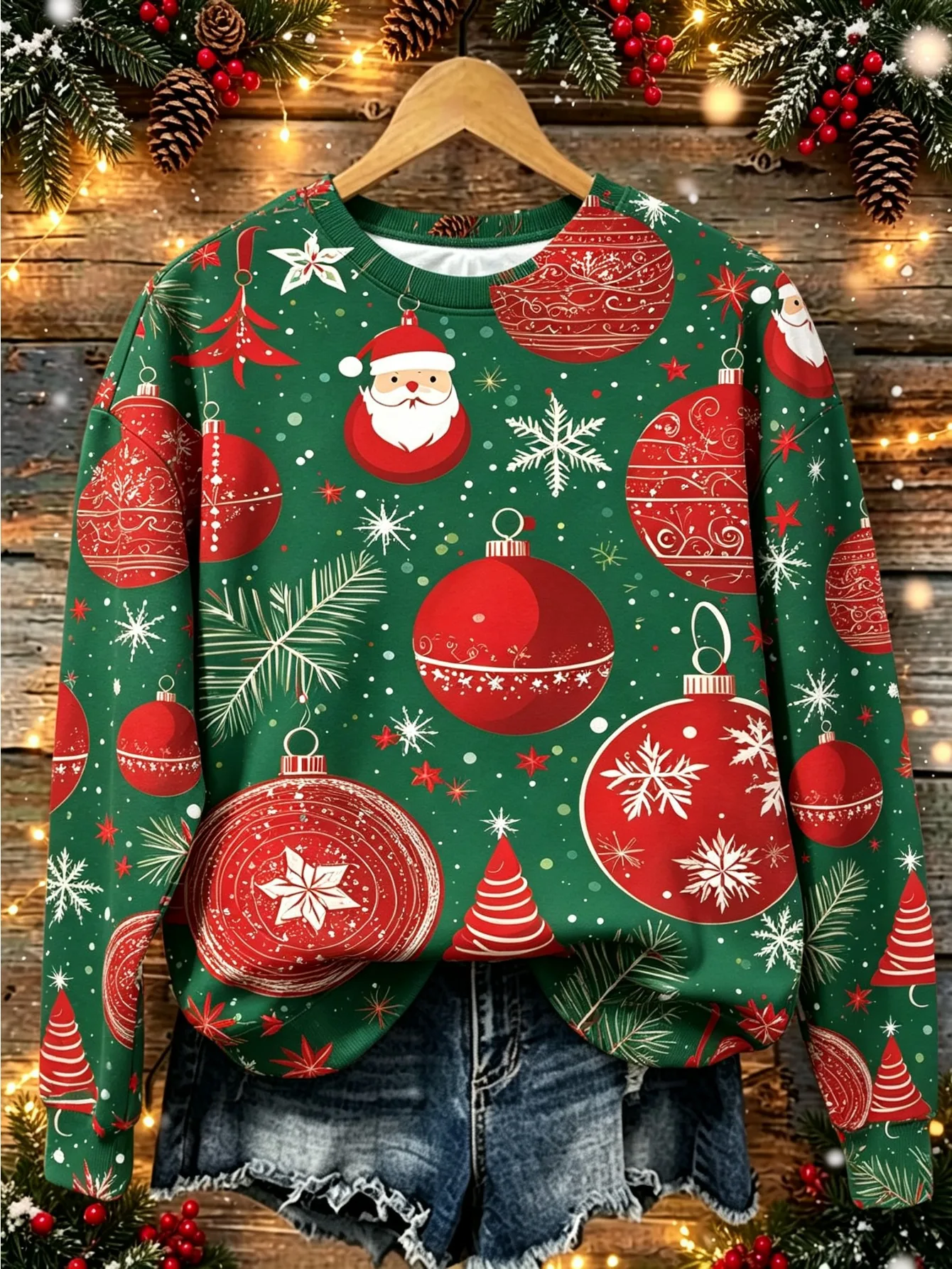 Women Long Sleeve T-shirt Round Neck Santa Claus Christmas Bauble Snowflake Print Holiday Casual Tops Women's Clothes
