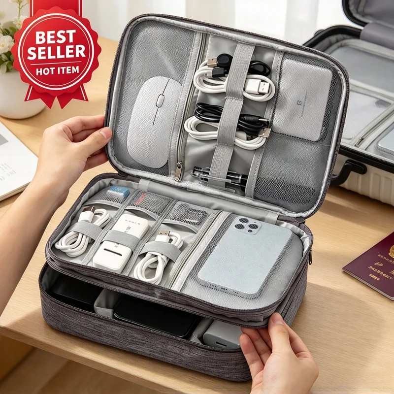 Portable Waterproof Electronic Organizer Bag, Travel Storage Case for USB Cable Charger Plug Cord Accessories