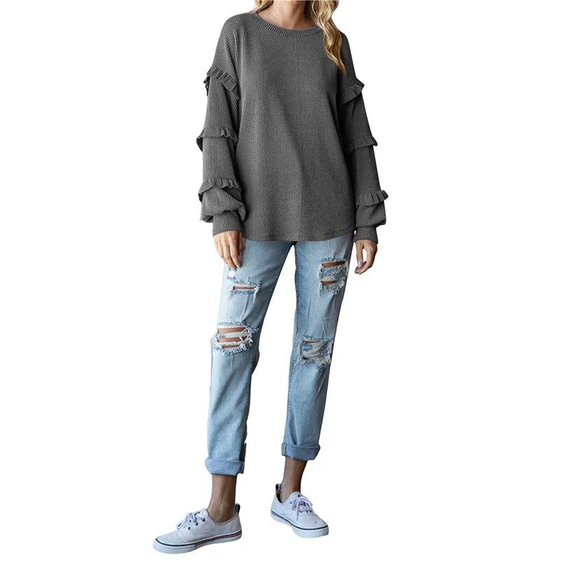 

CGS-Women's Crew Neck Long Sleeve Blouse Loose Tunics Knit Solid Color Tops Fall Tee Shirts