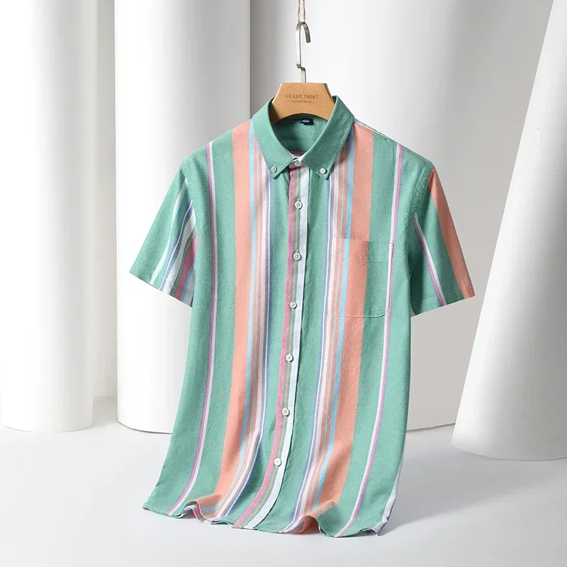 2026 100% Cotton Oxford Plaid Business  Men's Striped Fashion Short Sleeve Button Down Regular Fit Office Shirt Man Clothing