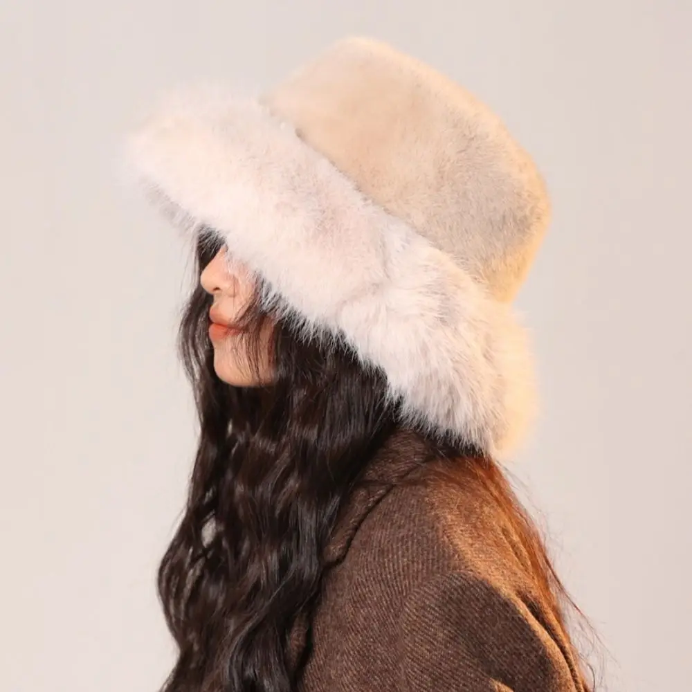 Fashion Fluffy Hat Artificial Fur Hat Imitation Fur Thickened Plush Bucket Hat Cute Fashion Winter Cap Cycling