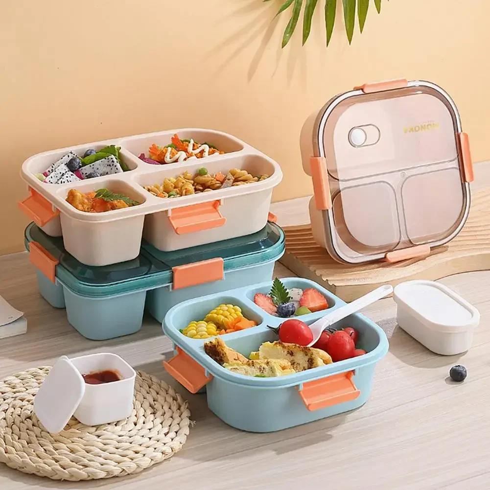 Lunch Container 1 Set 1100/1550ML Bento Box 3/4 Grids Good Sealing Buckle Closure Heat Resistance Fresh-Keeping Microwavable Off