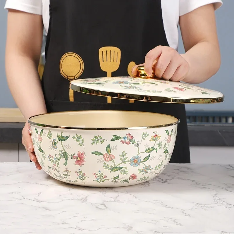 Nordic Enamel Basins with Lid Enamel Bowls Enamel Basins Covered Kitchen Retro Printed Lidded Bowls Large Capacity Kitchen Bowls