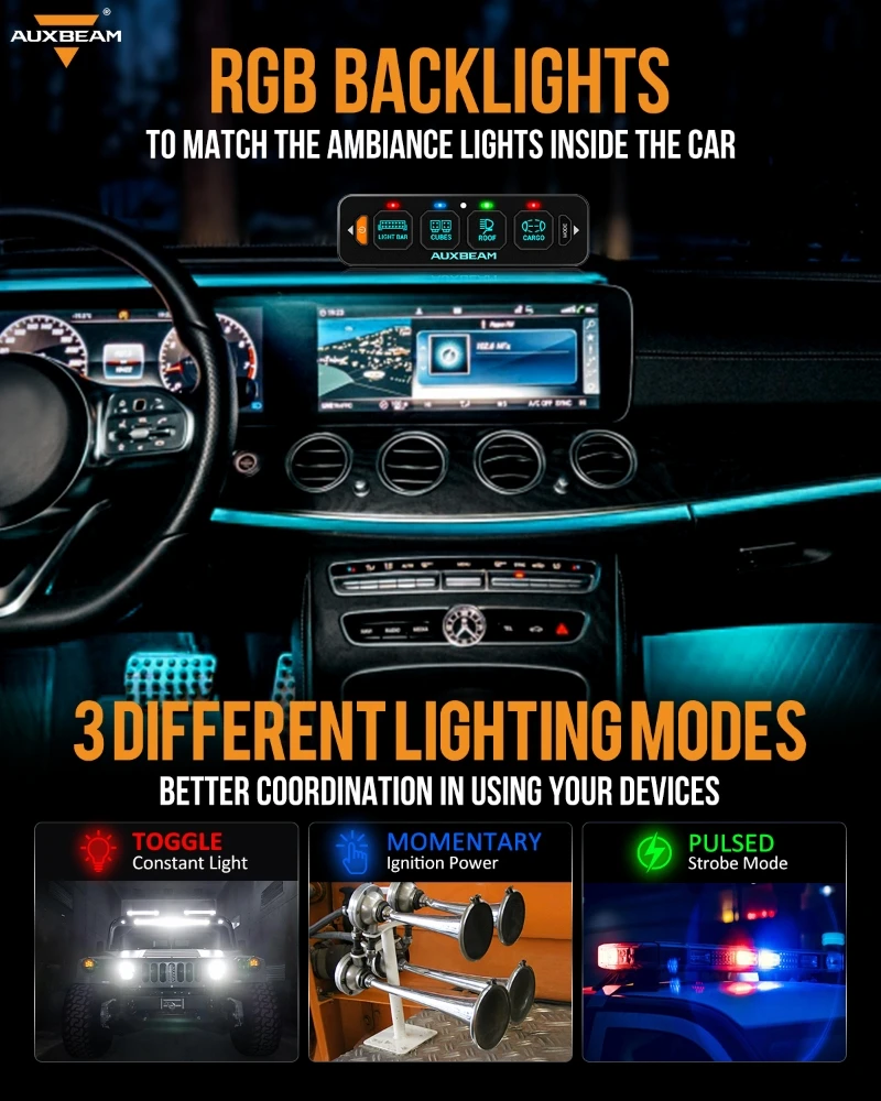 AUXBEAM AS SERIES AS-400 RGB SLIM SWITCH PANEL WITH APP & REMOTE CONTROL，For OFF ROAD CAR LIGHTS CONTROL 3 LIGHTING MODES