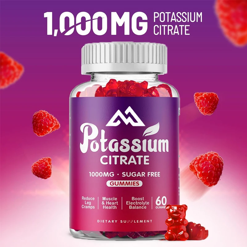 Potassium citrate 1000mg gummies, potassium supplement for adults and men, supporting leg spasms and muscle health, 60 pills