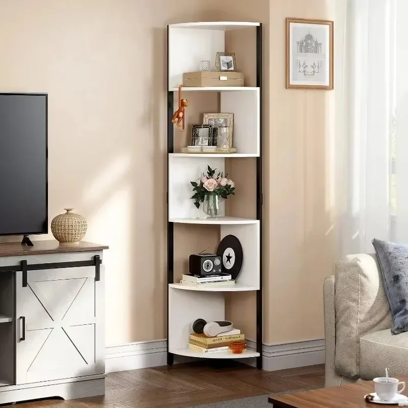 Tall Modern Free Standing Zigzag Corner Bookshelf,  Shelf Display Corner Bookcase Open Small Book Shelves for Living Room