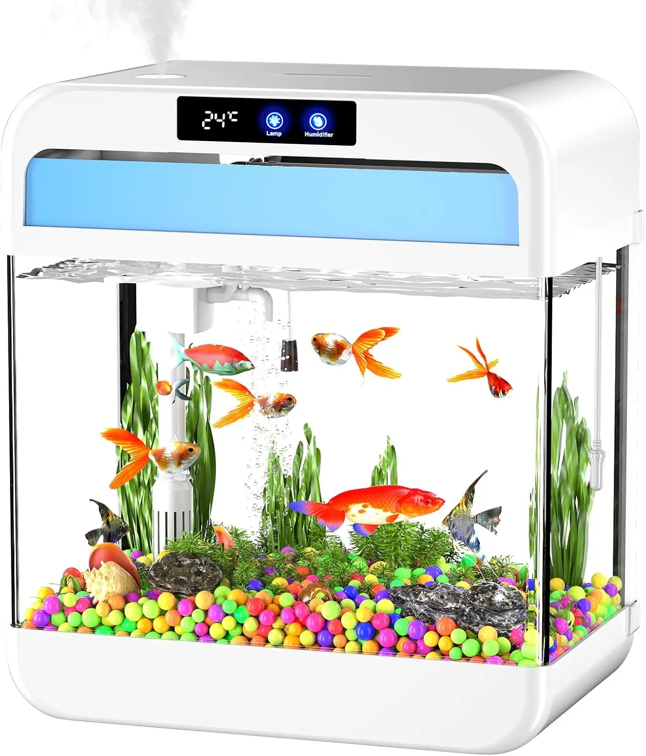 

Fish Tank Aquarium 2.2 Gallon with Humidifier 7 Color Looping Light with Timer Self-Cleaning 3 in 1 Water Pump with Filteration