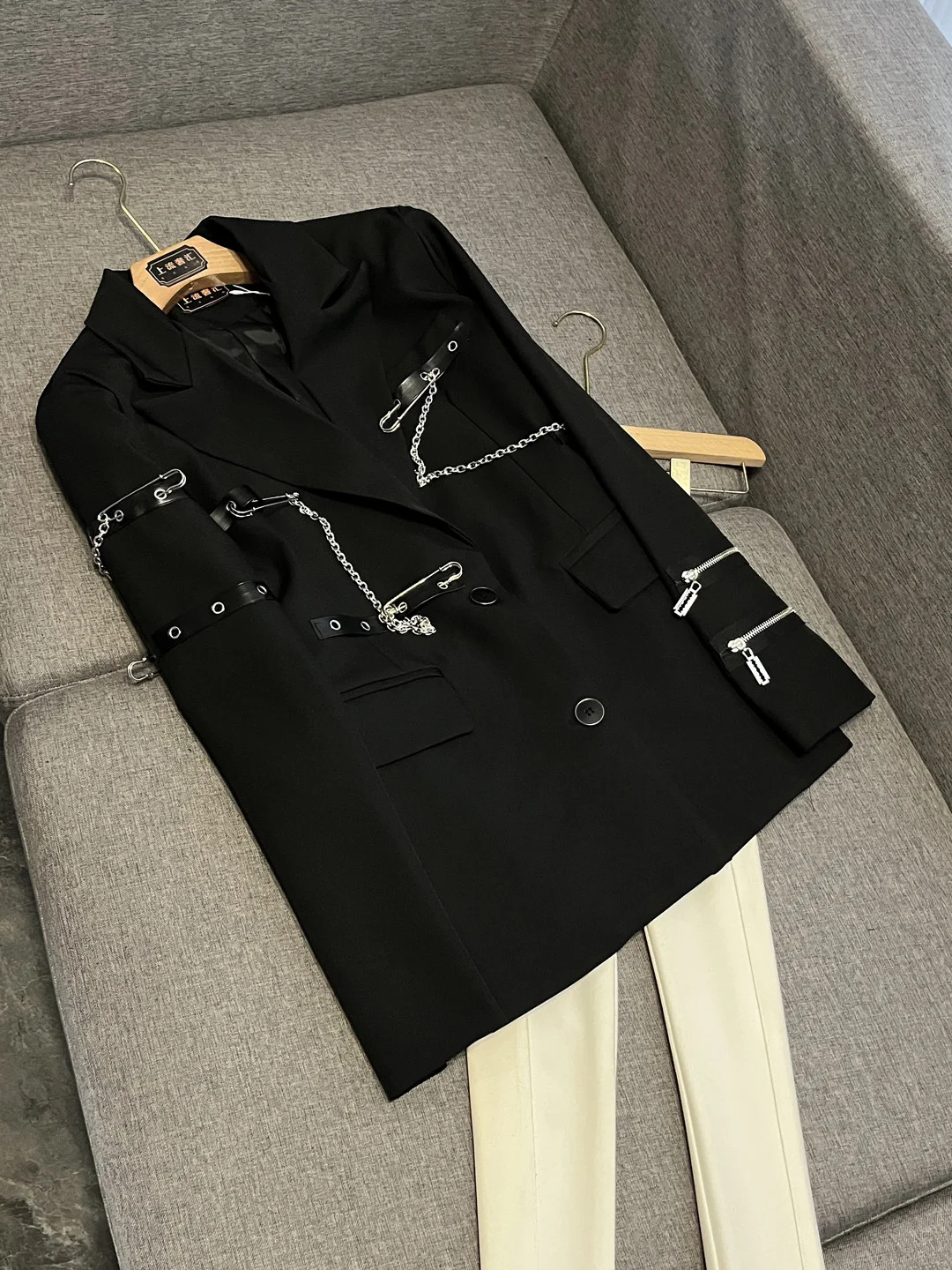 

Ele Bla Patchwork Trendy Suit Winter New Arrival High Faion Personali Women's Jaet Commute Sle Long Sve