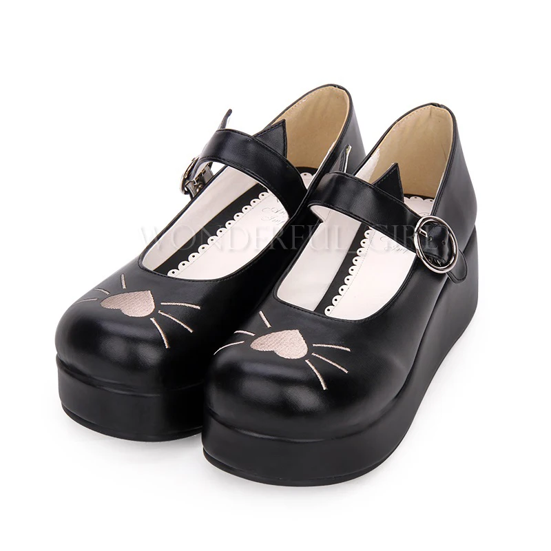 New Japanese Style Lolita Shoes Girls Platform Shoes Cute Hollow/Embroidery Heart Cat Ear Women Anime Shoes Size 35- 44