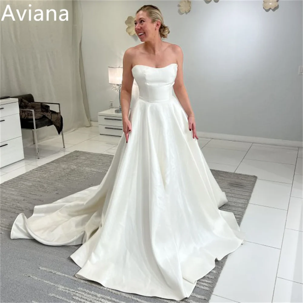 

Aviana Boho Strapless A Line Satin Wedding Dresses For Women Backless Pockets Sweep Train Bridal Gowns Vestidos De Novia