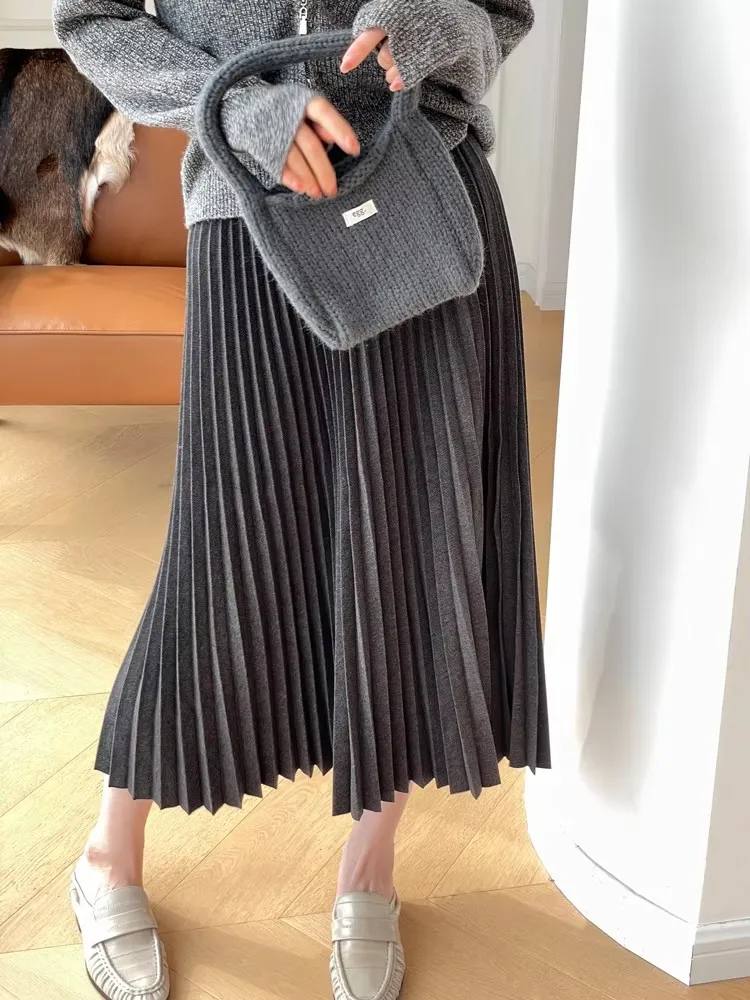 Winter Women Long Woolen Pleated Skirt Fashion High Waist Basic Wool Skirts Female Casual Thick Warm Elastic A-Line Skirts C-295