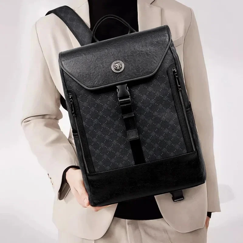 New Men's Genuine Leather Backpack Fashionable Large Capacity Computer Bag Lightweight Trendy Double Shoulder Bag for Daily Use