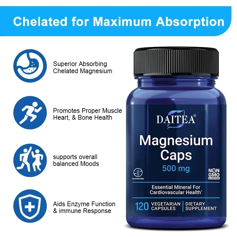 Daitea Magnesium 500 Mg, Magnesium Supplement for Muscle, Heart, Bone and Nerve Support, Non-GMO, 120 Capsules