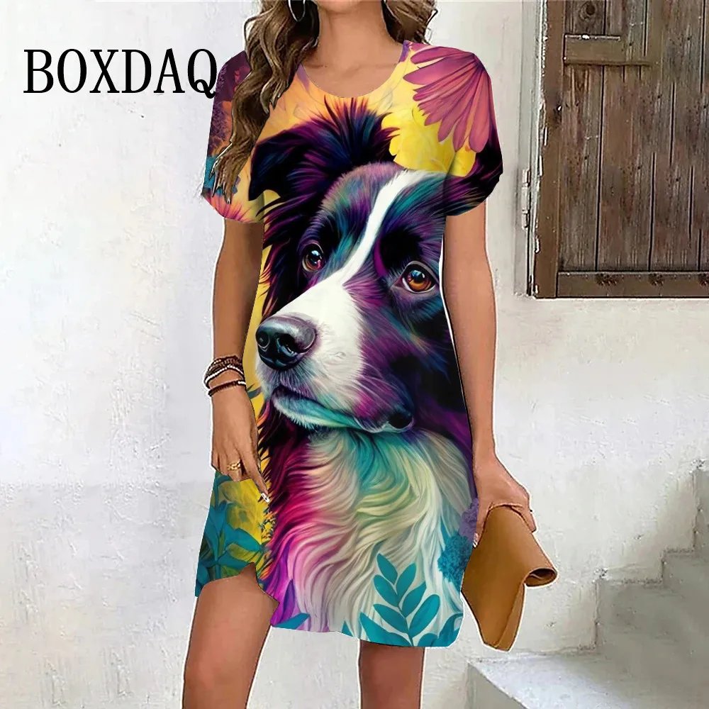 2024 Summer Women Funny White Pet Dog Pattern 3D Printing Dress Casual Fashion Cute Short Sleeve Round Neck Kawaii Party Dresses