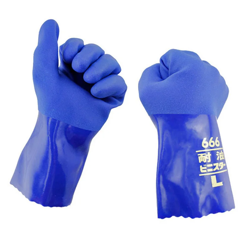 Guantes de goma de PVC resistentes al aceite, resistentes a ácidos y álcalis, forro azul de algodón, guantes protectores de seguridad Industrial, 1