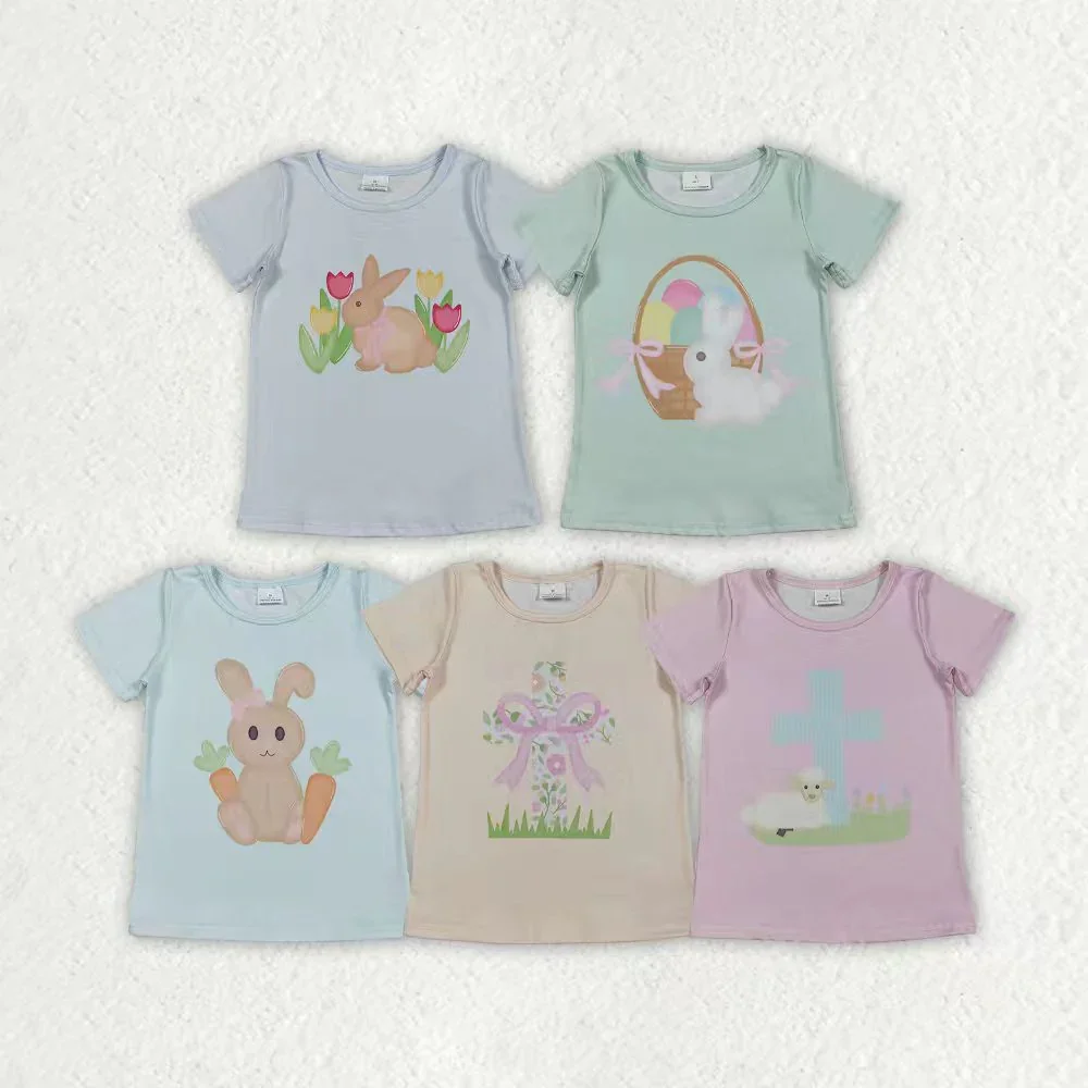 

z1204-06 GT1394 Wholesale Summer kids clothes girl Matching easter bunny short sleeve top Boutique Children clothing