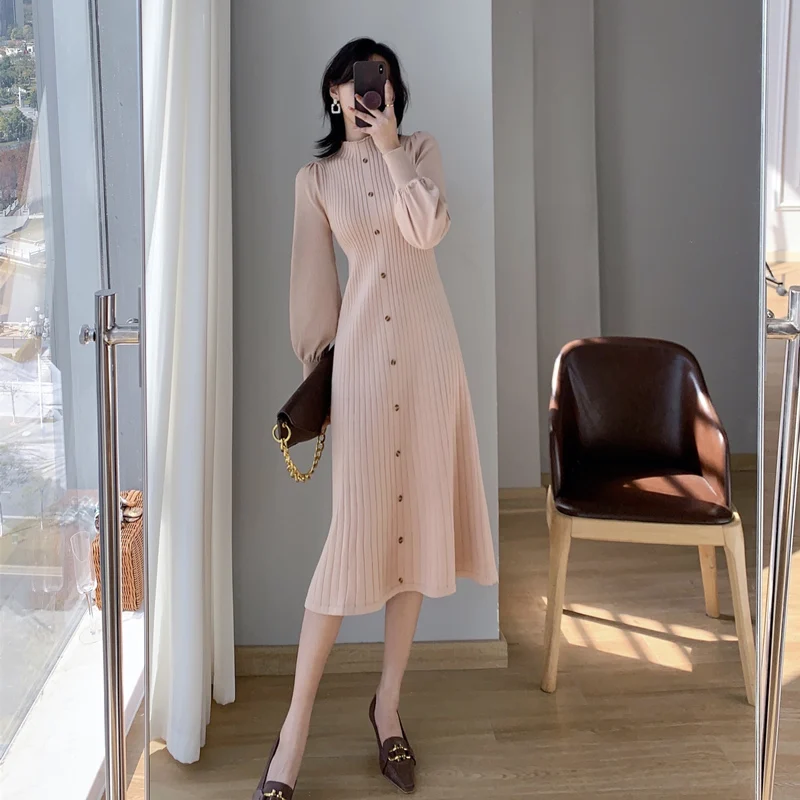 Knitted Dress For Women Elegant Turtleneck Long Lantern Sleeve Single Breasted Loose Vestidos Fashion 2024 Office Lady Knit Robe