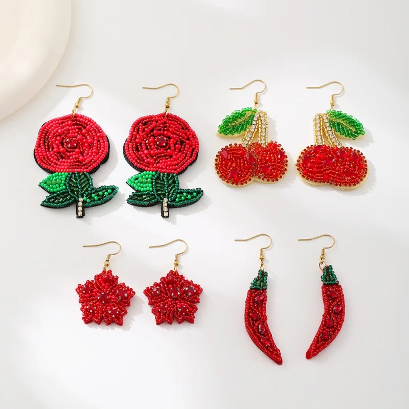 Rice bead earrings Sewing Flowers Bohemia Chili pepper Cherry Hand-woven Pattern Creativity Alloy Female Fashion Beaded earrings