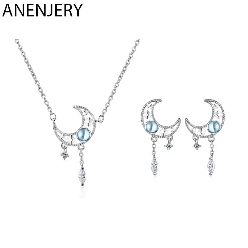 ANENJERY Silver Color Crescent Moon Zircon Jewelry Set Fashion Moonstone Tassel Pendant Necklace Earring Jewelry Set For Women