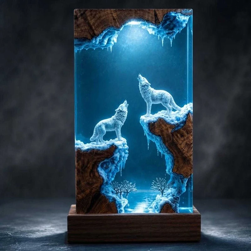 Wolf Figure Organism Resin Table Light Creactive Art Decoration Snow Forest Landscape Lamp Animals Theme Night Light  USB Charge