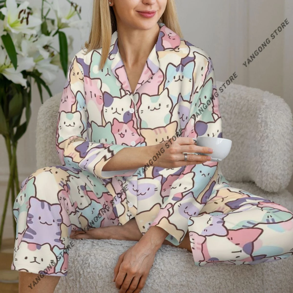Women Sleepwear Pajamas Cute Cats Long Sleeve Pijama Female Set Negligee Cardigan Suit