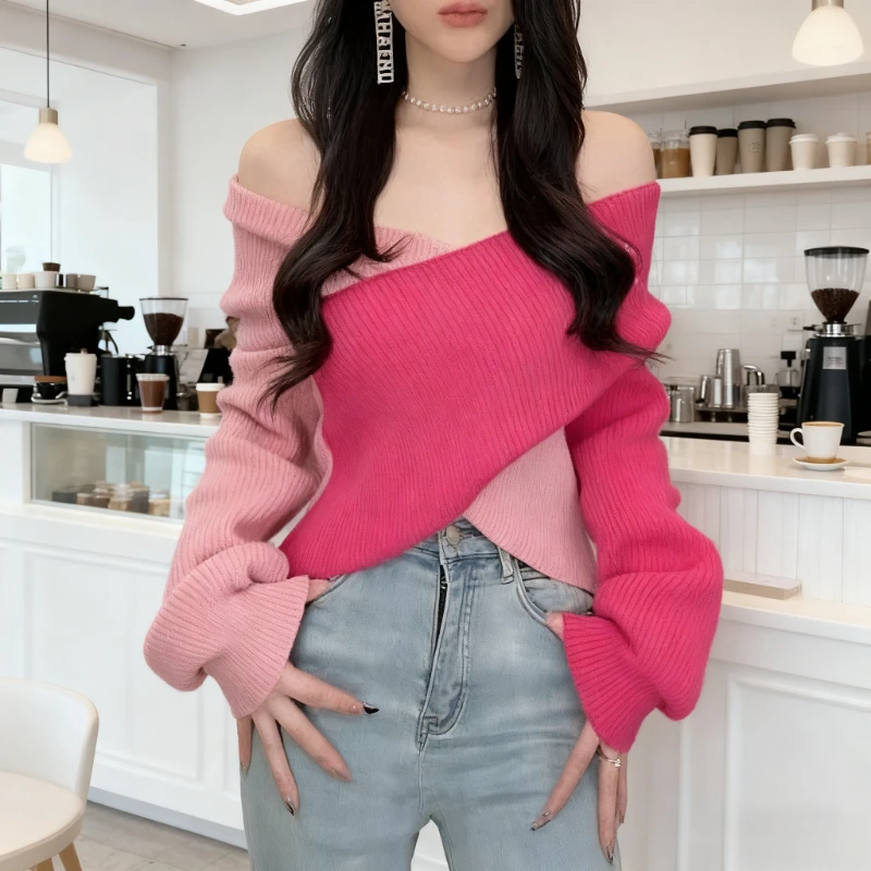 

НОВЫЙ шикарный осенний женский сексуальный уютный свитер с длинными рукавами и открытыми плечами, зимний элегантный повседневный вязаный топ, пуловер, перекрывающийся трикотаж