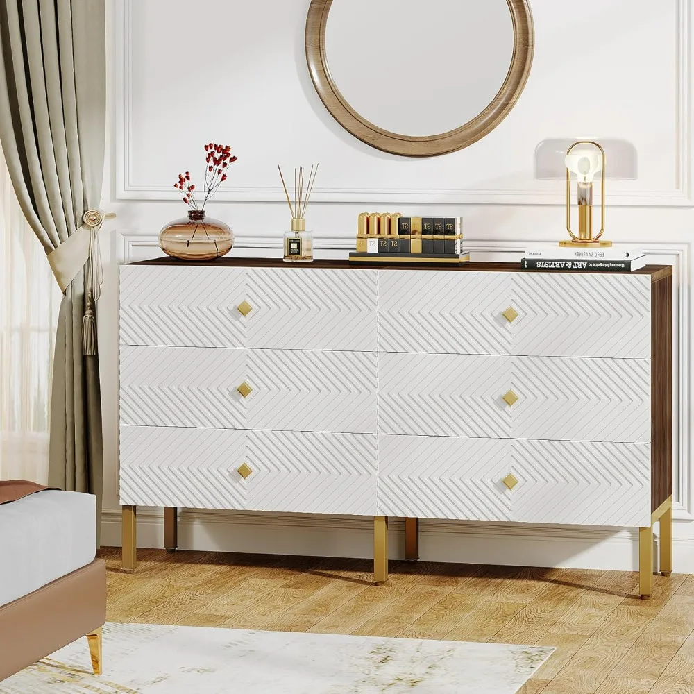 55 inch 6-drawer vanity, large double-width chest of drawers, wooden storage cabinet closet, modern 6-drawer vanity, White Brown