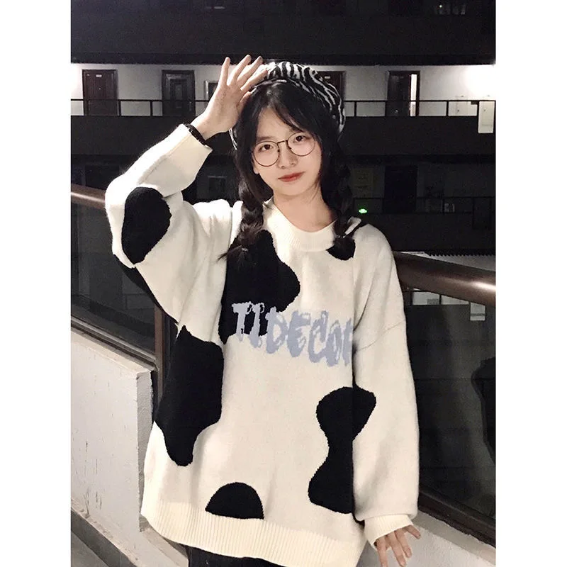 

Милый вязаный свободный длинный свитер с коровьим узором для женщин, осень-зима, модный ленивый Sle, маленький размер, уменьшение возраста