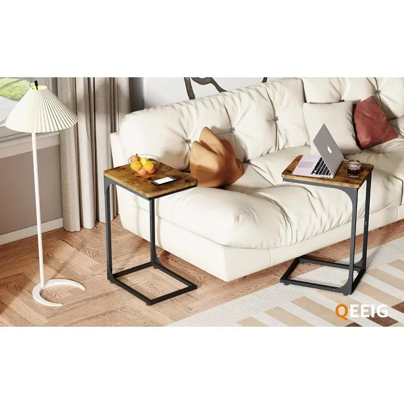 Table Side Table Set of 2 End Table C Shaped Couch Tables Living Room Sets Farmhouse, Rustic Brown (017-30BN)