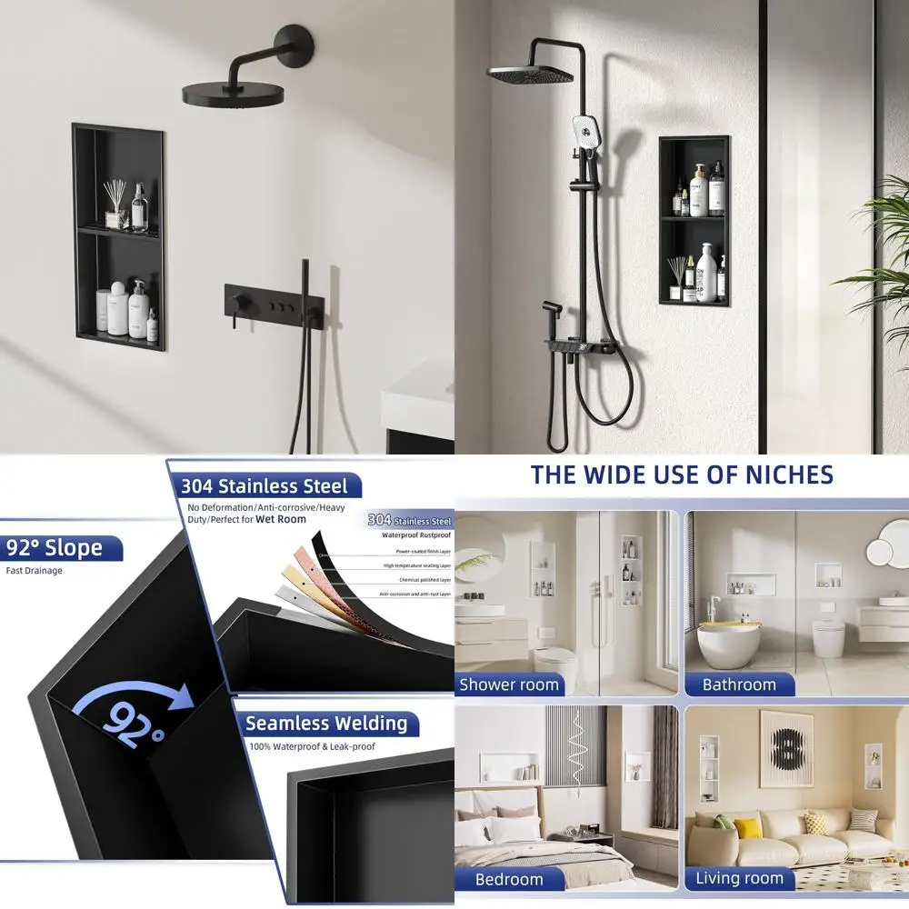 

Встраиваемый двухуровневый органайзер для душа из нержавеющей стали 12.75x24.75, матовый черный, водонепроницаемый шкафчик для хранения в ванной