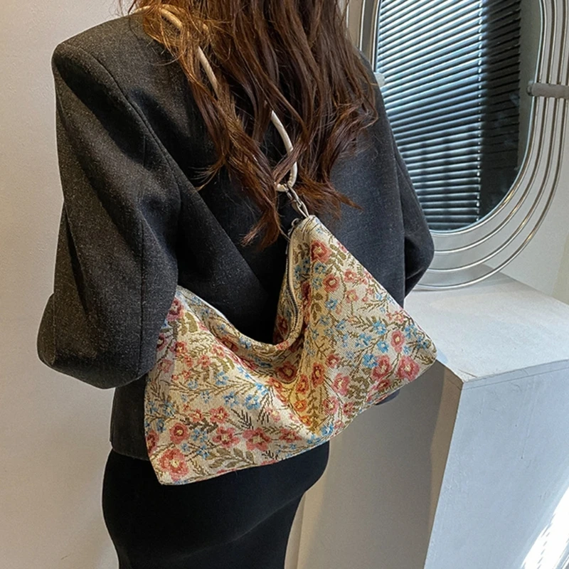 Women Vintage Ethnic Flower Underarm Bag with Adjusted Strap Zippered Korean Fashion Shoulder Crossbody Bag Handbag