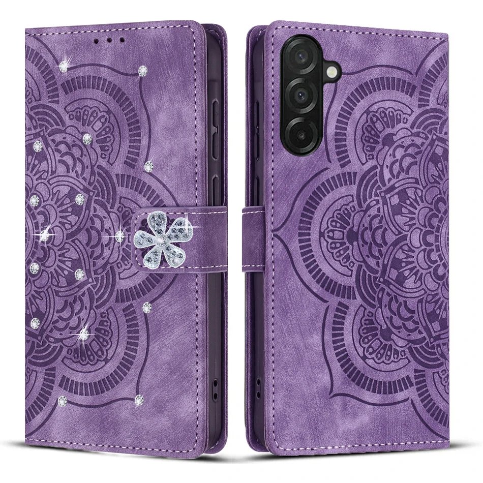 

Bling Datura Flower Magnetic Cards Solt Wallet Flip Case для Samsung Galaxy S25 Ultra S24 Plus S23 A56 A17 A07 чехол-подставка