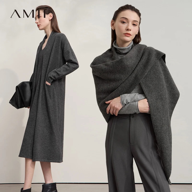

AMII Dress for Woman 2025 Autumn New Ladies Clothing V-Neck Sleeveless Sweater Dress Knit Wool Cardigan Shawl for Woman 12543159