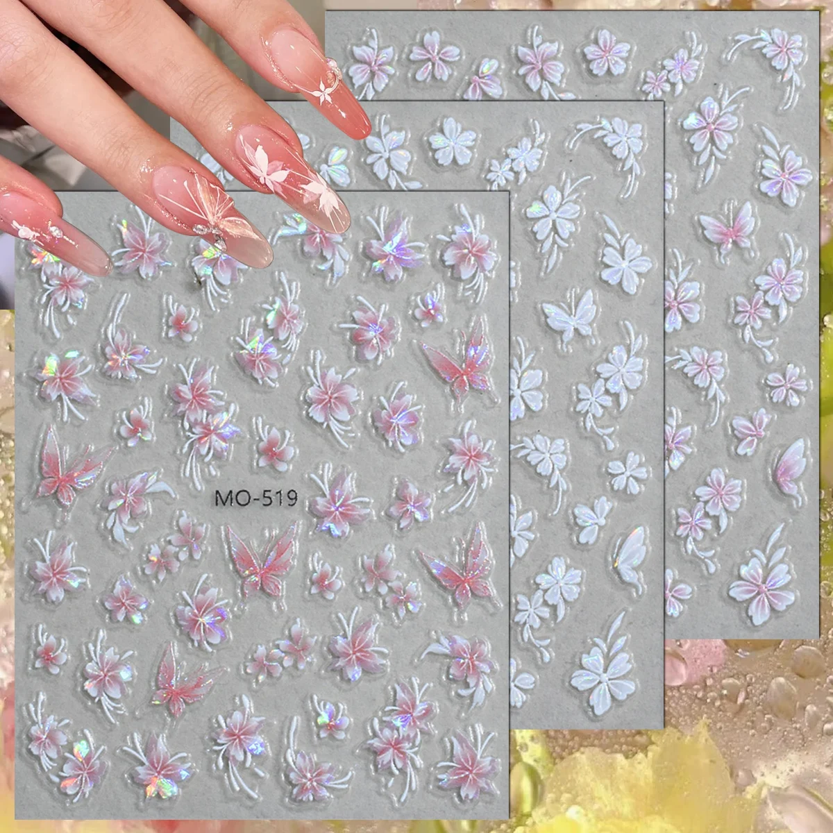 3/6/12 Sheets 5D Embossed Iridescent Pink Floral Butterfly Self Adhesive Nail Art Decals for Gel Acrylic Nails Nail Stickers