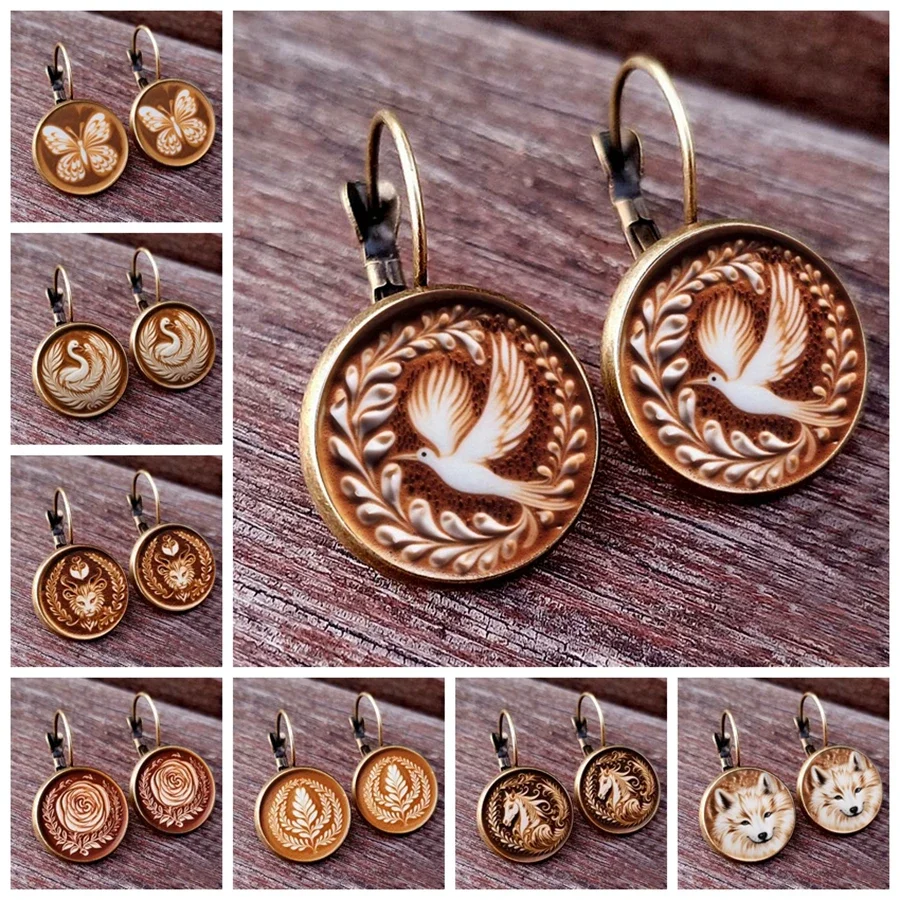 Coffee Latte Carved Love Art Glass earrings Chocolate print and small animal charm jewelry gift for women girls Coffee Earrings