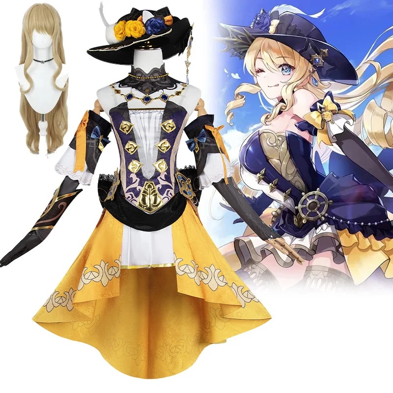 Genshin Impact Navia fantasia cosplay para mulheres, conjunto de peruca e chapéu, uniforme, festa de Halloween para meninas