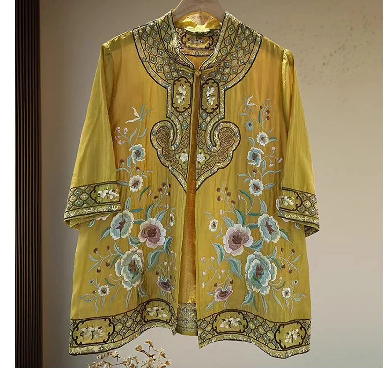 

Spring And Summer New Chinese Style Stand Collar Ruyi+Flower Embroidery Retro Handmade Button Half Sleeved Women's Shirt M-3XL