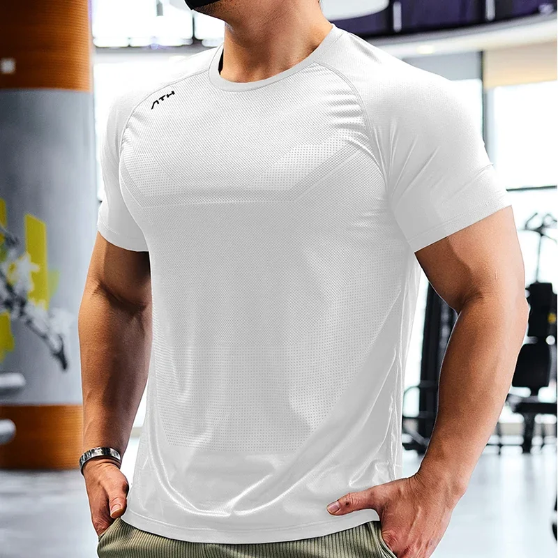 T-shirt de sport à manches courtes pour homme, haut de compression, sweat-shirt serré, chemises élastiques de fitness, coupe sèche, course à pied, protection contre les éruptions cutanées