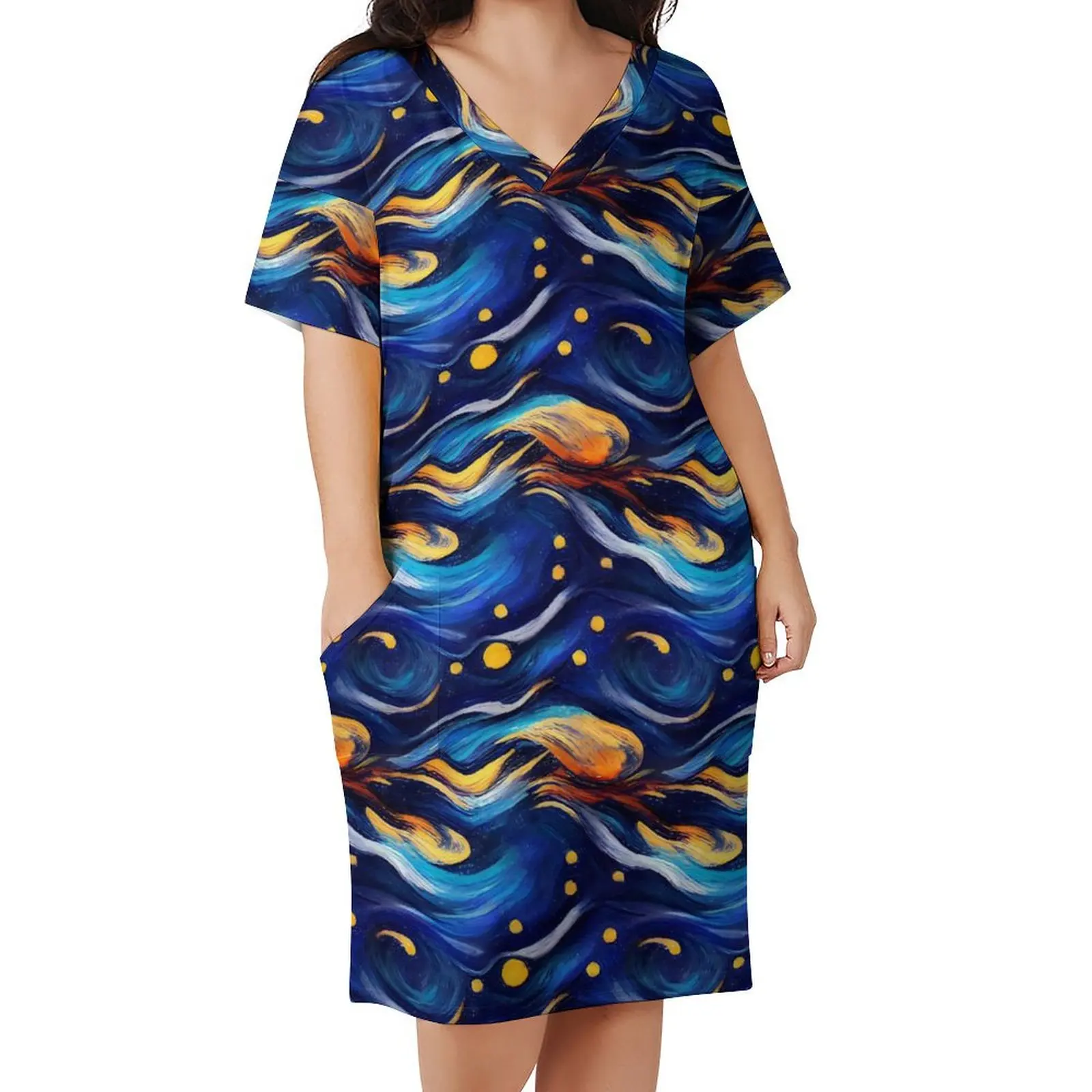 Blue Starry Night Dress Women Funny Famous Painting Aesthetic Casual Dress Summer V Neck Vintage Big Size Dresses Gift