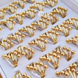 30pcs/Lot Wholesale Stainless Steel Ring for Women Round Beads Setting Golden Finger Decoration Jewelry Couple Gift