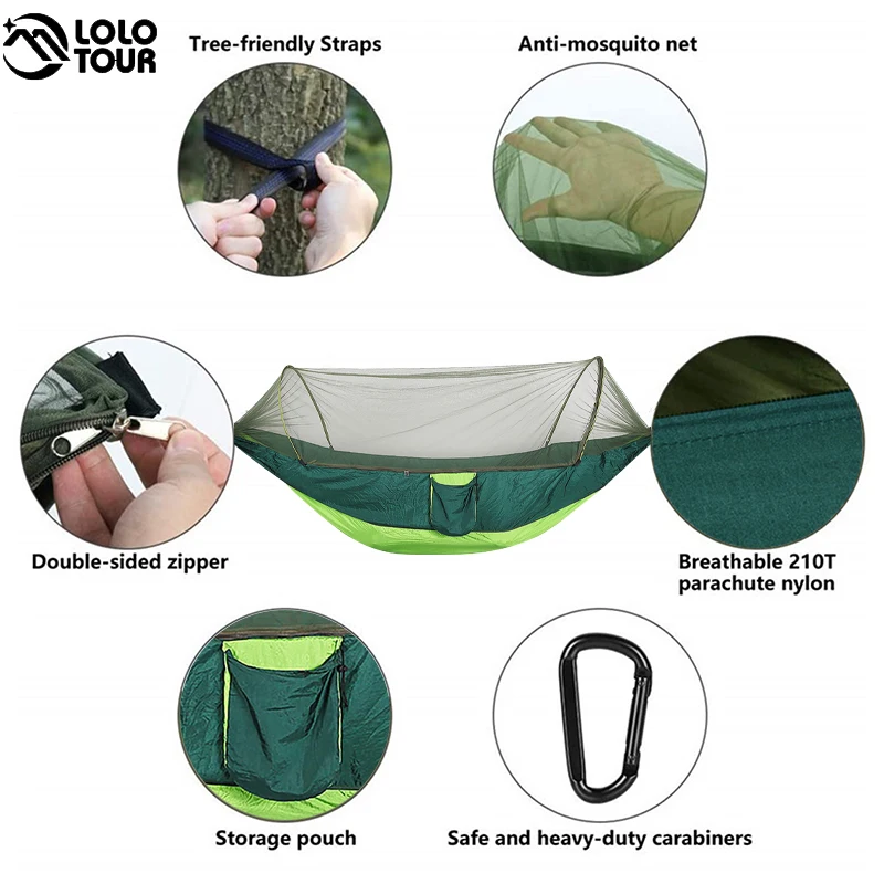 Quick Open Camping Hammock with Mosquito Net Lightweight Portable Parachute Nylon Double Hammock for Backpacking Survival Travel