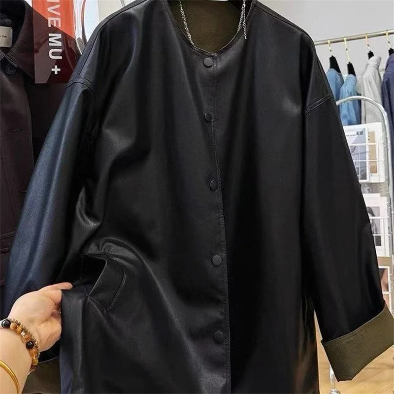 Nuove giacche da donna Cardigan Giacca in pelle PU da donna casual allentata primaverile e autunnale con cappotto in pelle girocollo su entrambi i lati