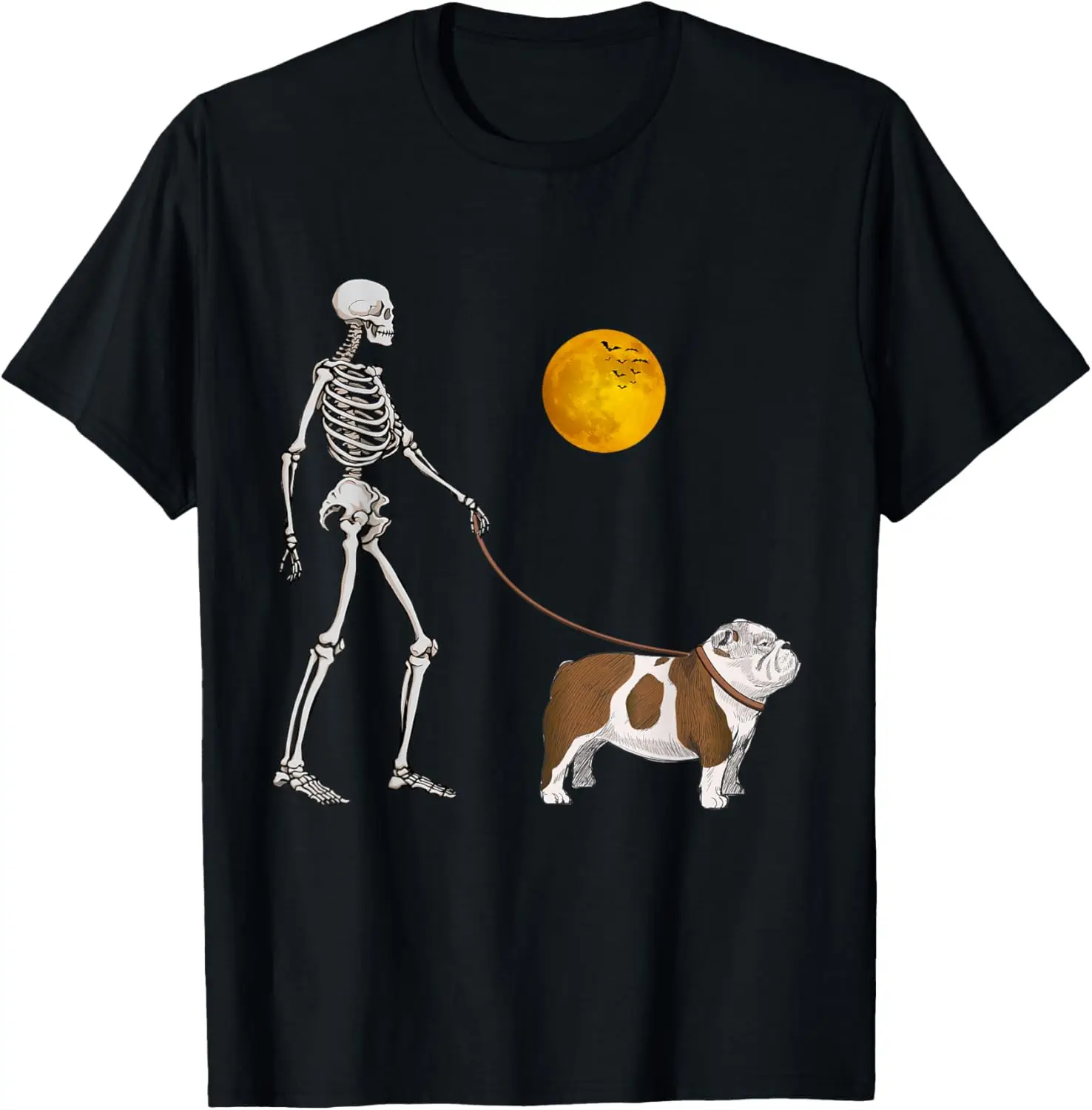 English Bulldog Skeleton Dog Walking Halloween Costume T-Shirt