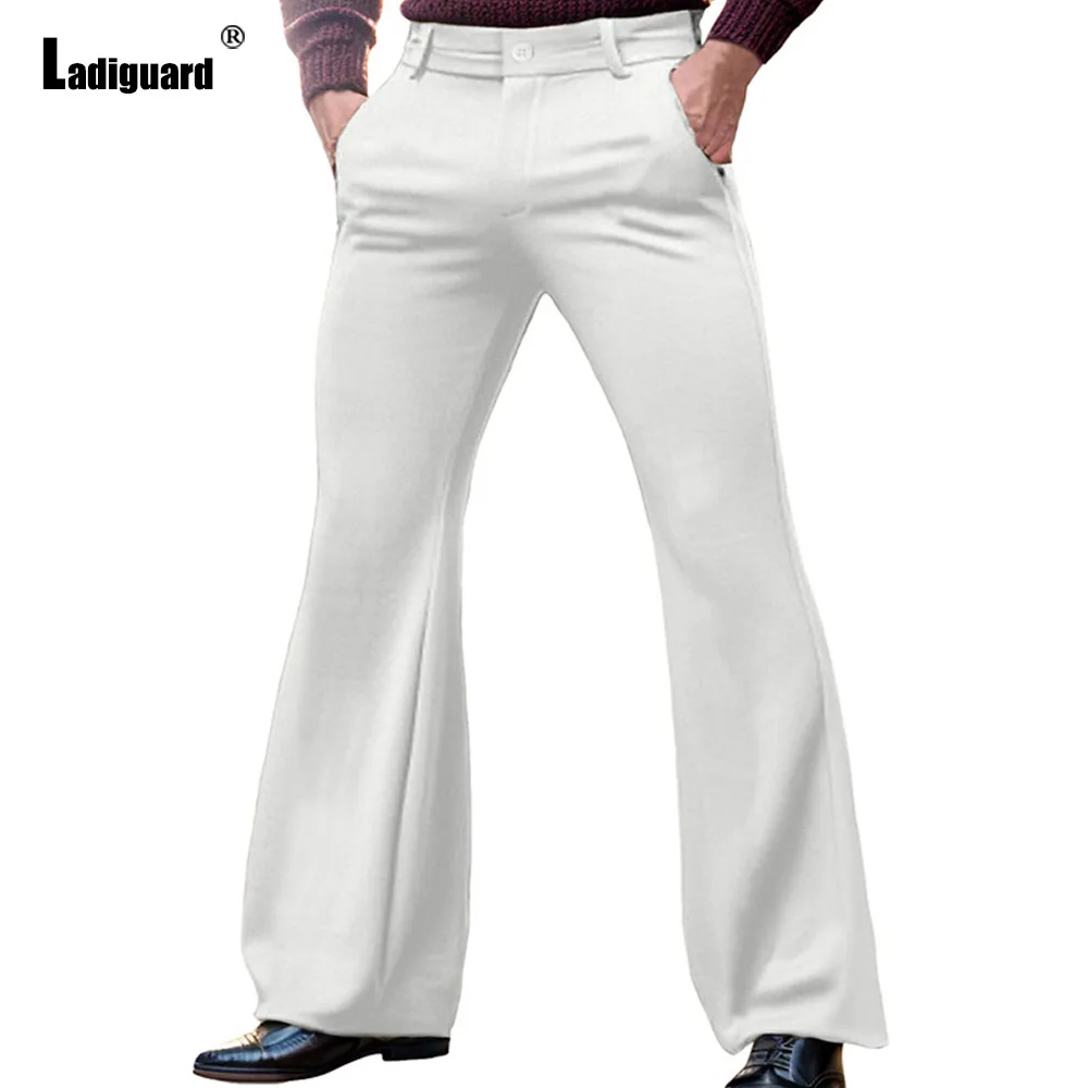 Ladiguard 2024 Male Stand Pocket Elegant Flare Pants Solid Khaki Soft Basic Trousers Plus Size Mens Fashion Buttons Up Pants New