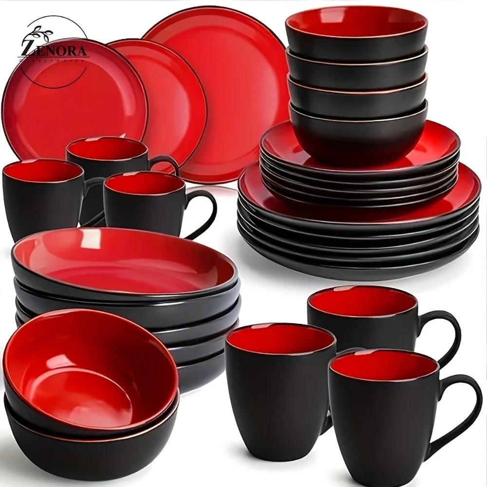 

Zenora Ceramic Dinnerware Set, Modern Style Porcelain Plates, Matte Red & Blue Color, Dishwasher & Microwave & Oven Safe. Durable Stoneware Tableware, Scratch Resistant. Serving For Restaurant And Kitchen. Gifts For Weddings & Anniversaries