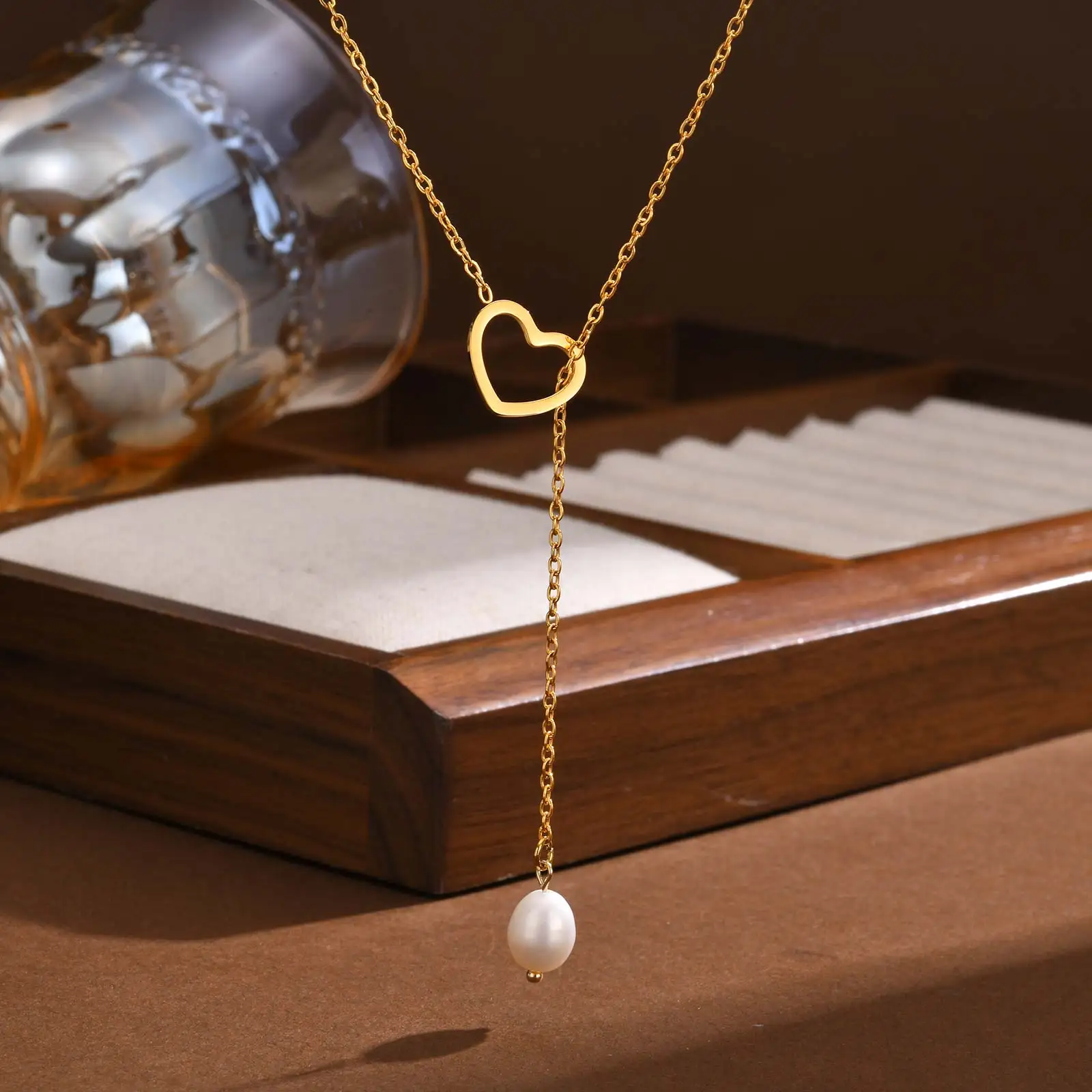 Heart Shape Natural Baroque Pearl Necklaces for Women,Stainless Steel Rolo Chain Y Shape Necklace, Gold Color Exquisite Jewelry