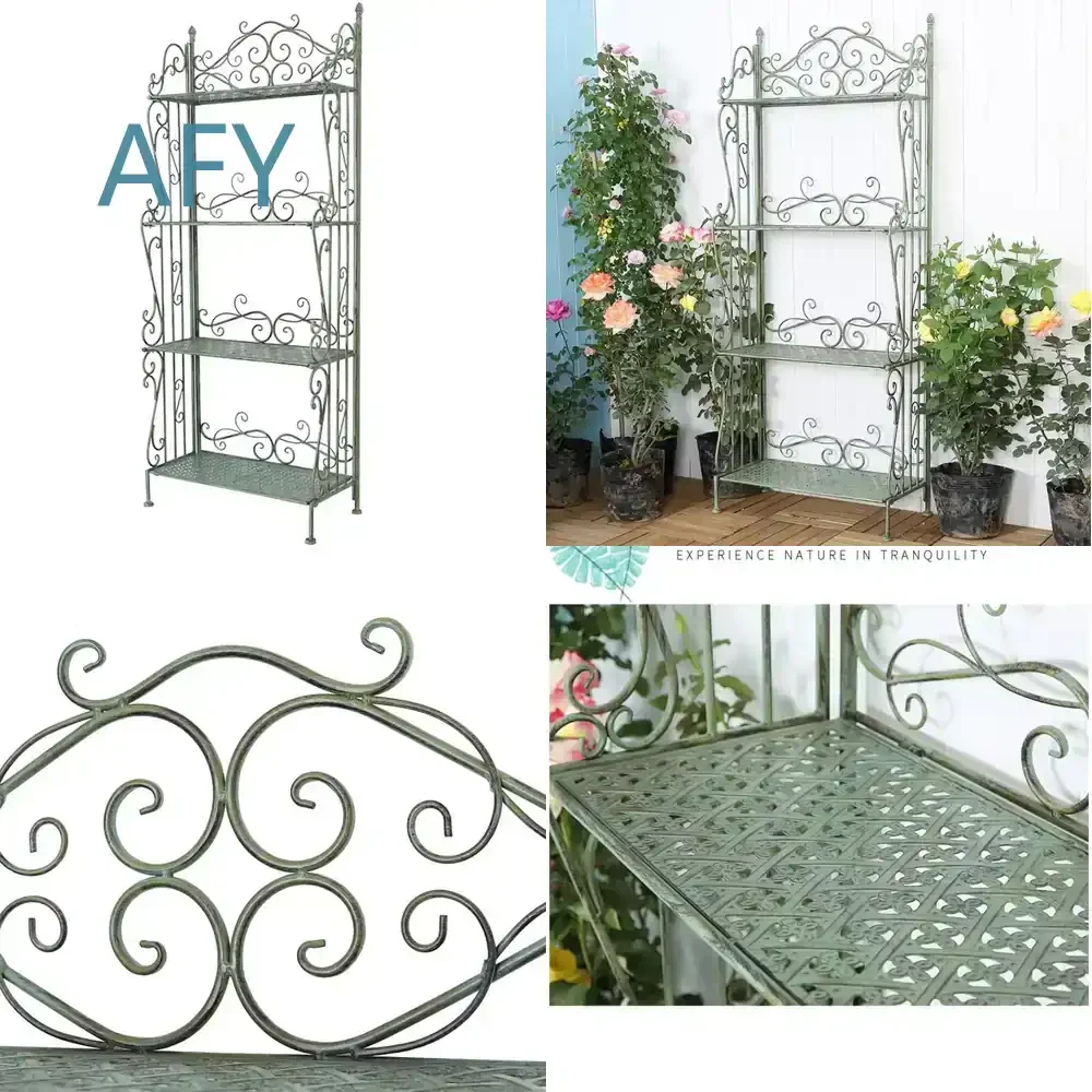 Vintage Foldable 4 Tier Metal Plant Stand for Indoor Outdoor Use Scrollwork Flower Rack Pot Shelf Home Storage Organizer