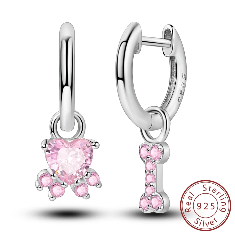 

Sparkling 925 Sterling Silver Brilliant Pink Paw Print Bone Hoop Earrings For Women Sweet Dating Jewelry Accessories Wholesale